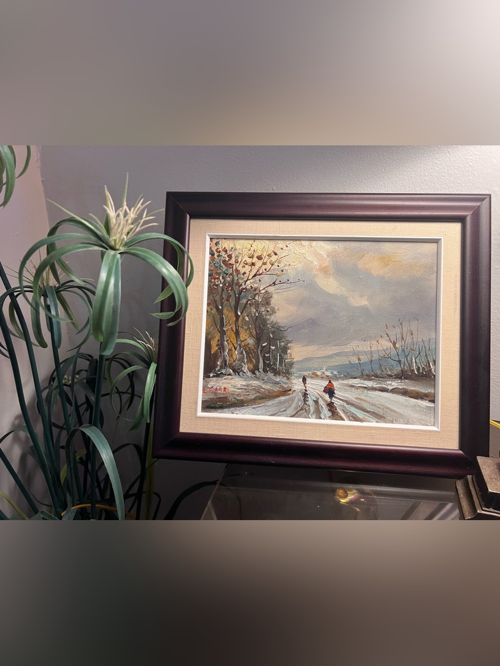 Framed Winter Landscape Painting in Brown Frame